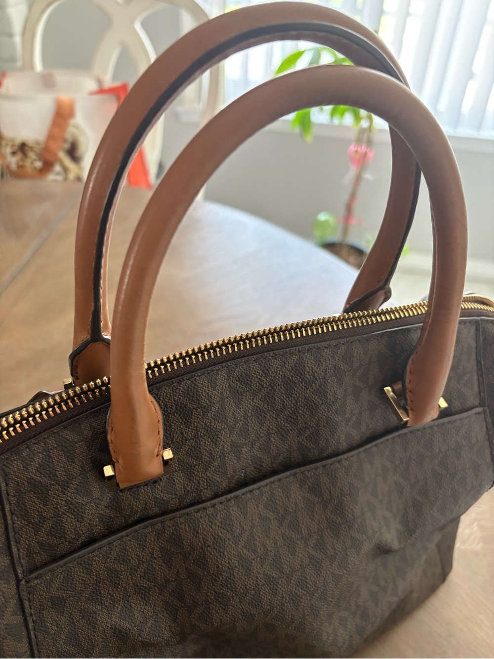 Michael Kors Brown MK Signature Satchel with Tan Handles - Picture 7 of 10